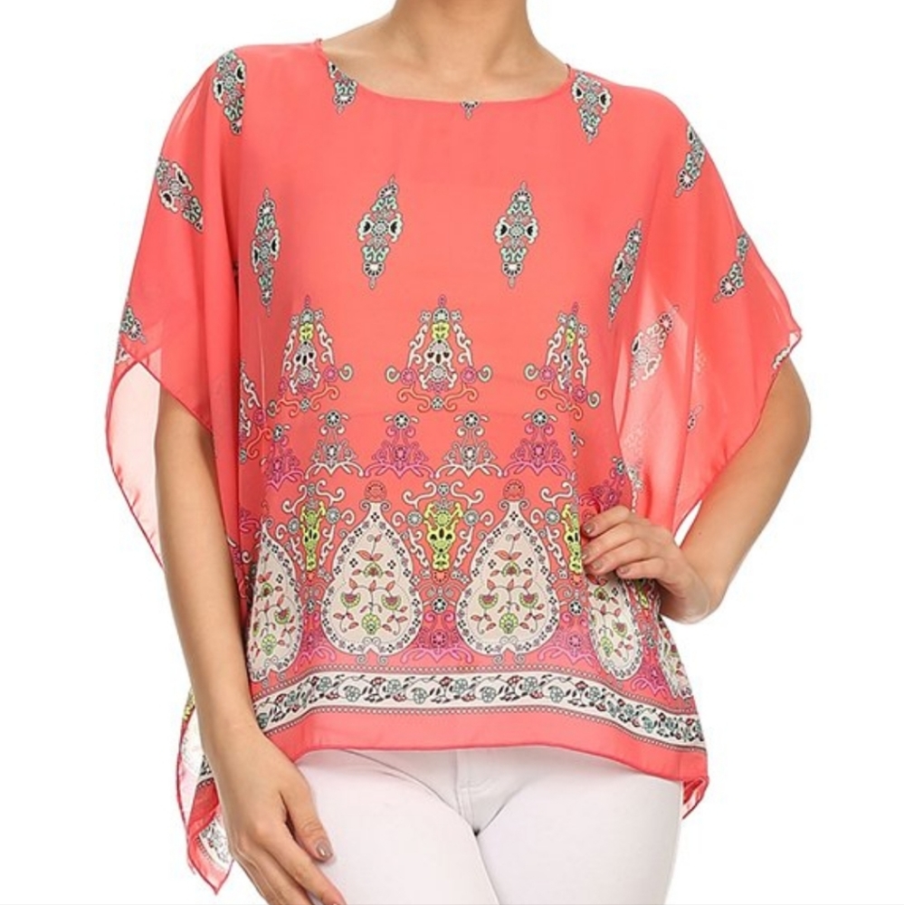 Coral Print Cape Sleeve Top